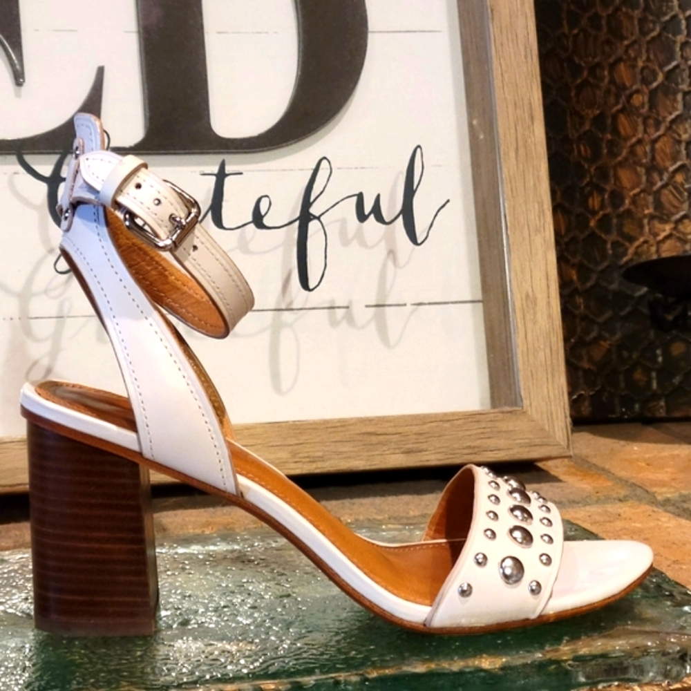 Coach White Studded Leather Block Heel Sandals